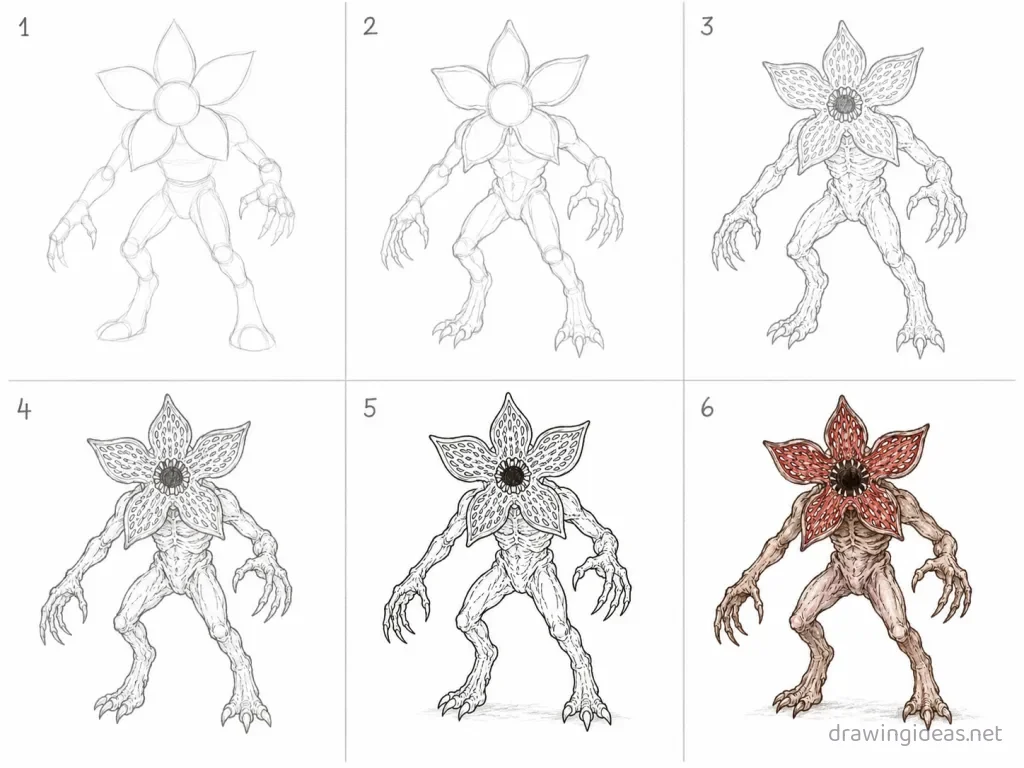 How to draw Stranger Things step by step — 6-step Stranger Things drawing tutorial grid