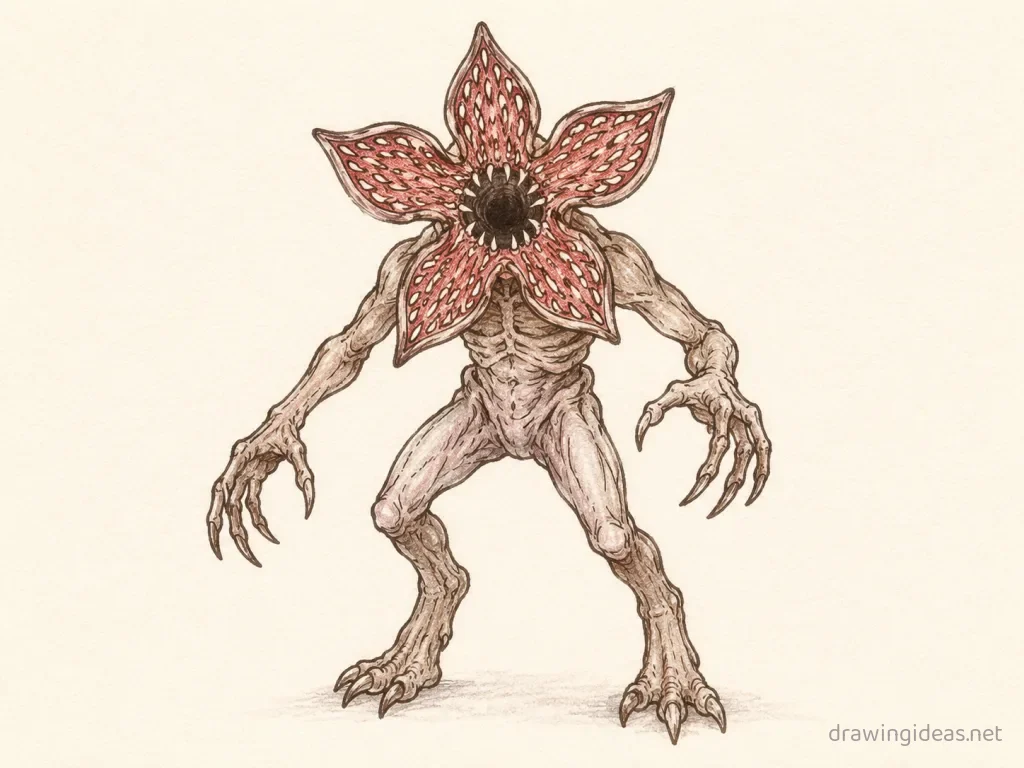 Stranger Things drawing — hand-drawn Stranger Things illustration with ink lines and soft colors