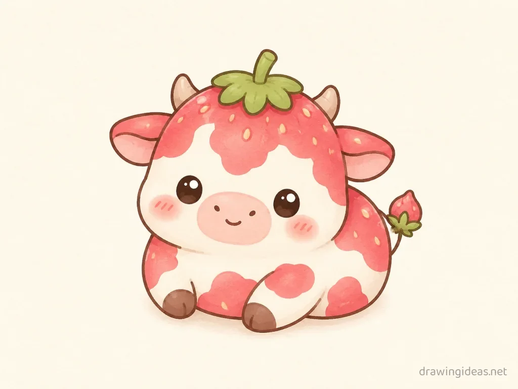 Cute strawberry cow drawing — cute style strawberry cow sketch