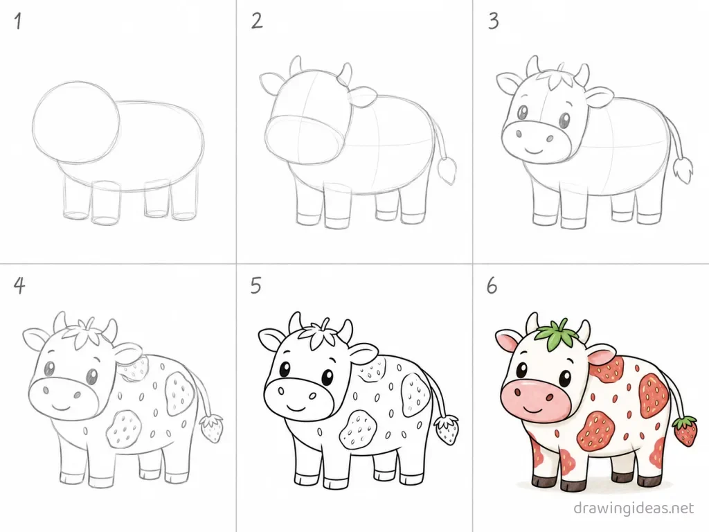 How to draw a strawberry cow step by step — 6-step strawberry cow drawing tutorial grid