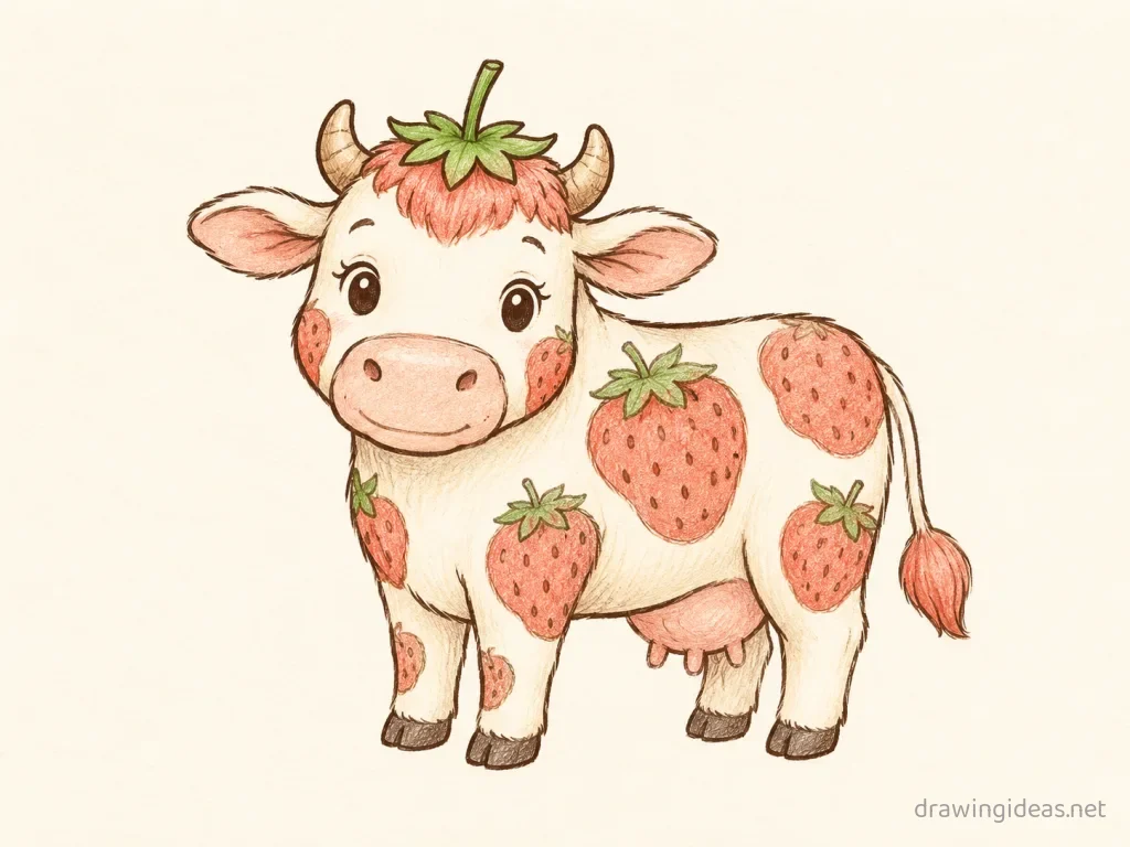 Strawberry Cow drawing — hand-drawn strawberry cow illustration with ink lines and soft colors