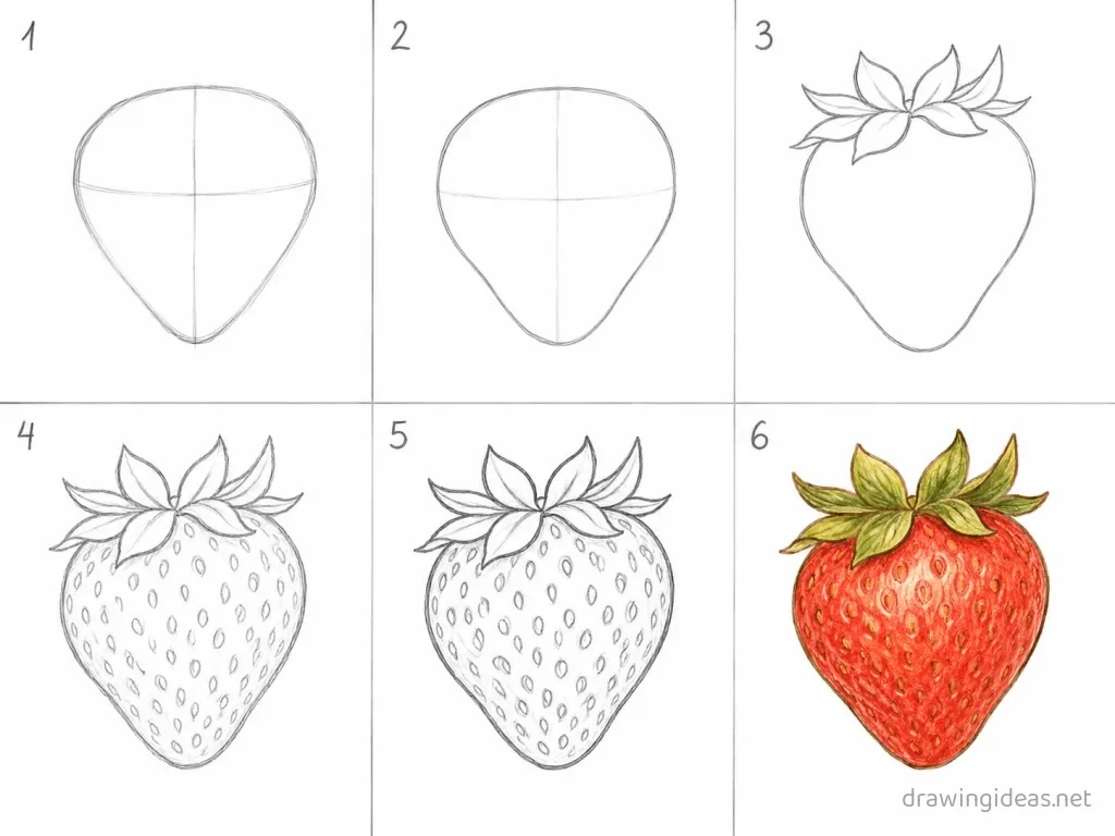 How to draw a strawberry step by step — 6-step strawberry drawing tutorial grid