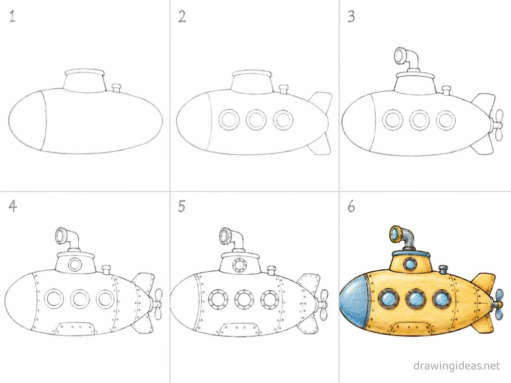 How to draw a submarine step by step — 6-step submarine drawing tutorial grid