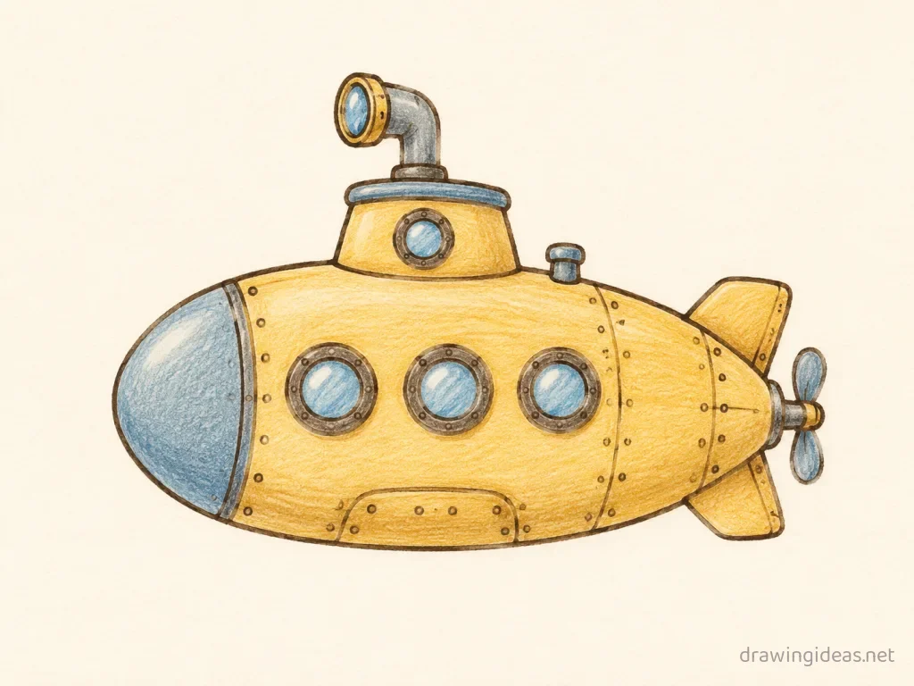 Submarine drawing ā hand-drawn submarine illustration with ink lines and soft colors