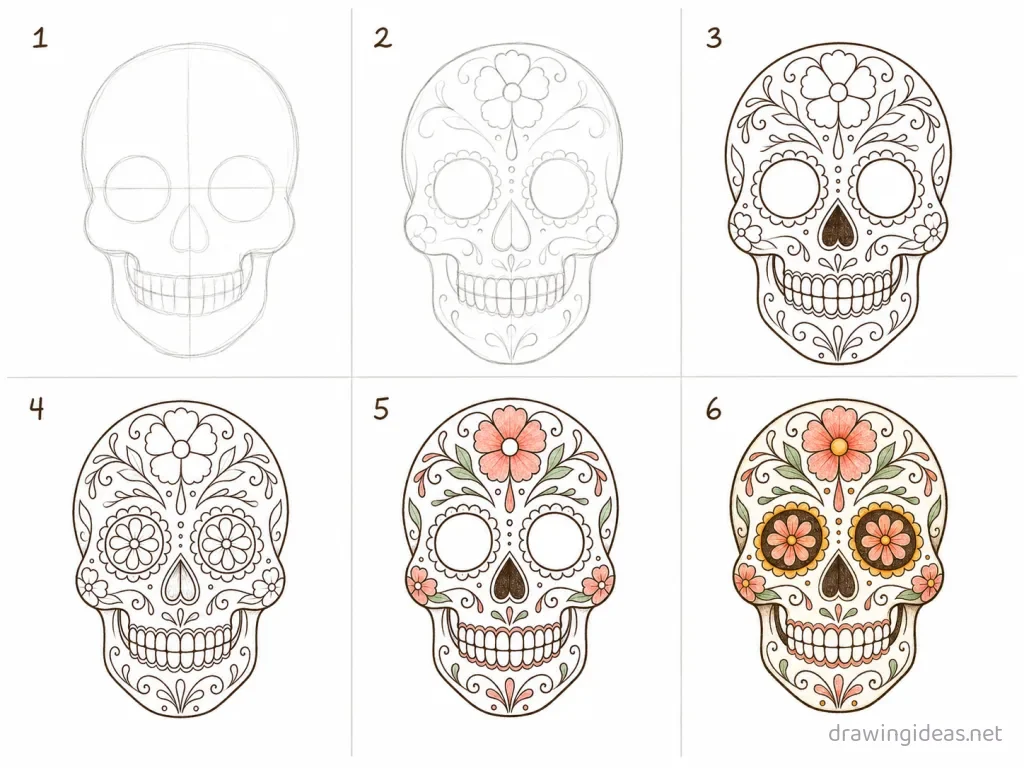 How to draw a sugar skull step by step — 6-step sugar skull drawing tutorial grid