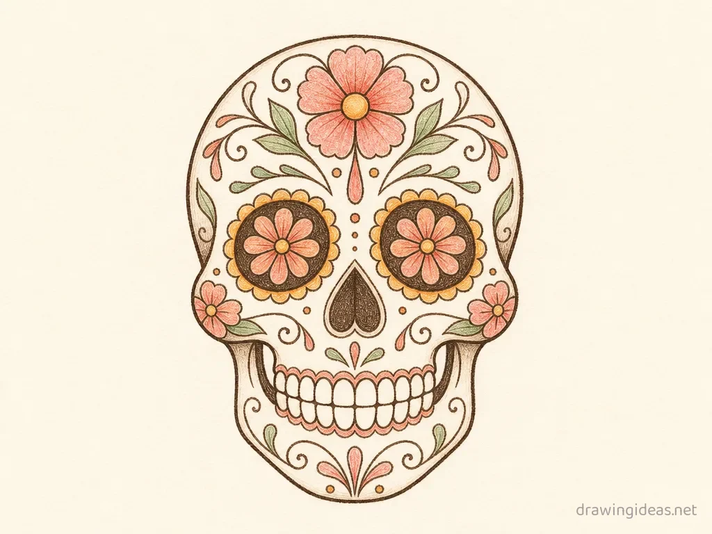 Sugar Skull drawing — hand-drawn sugar skull illustration with ink lines and soft colors