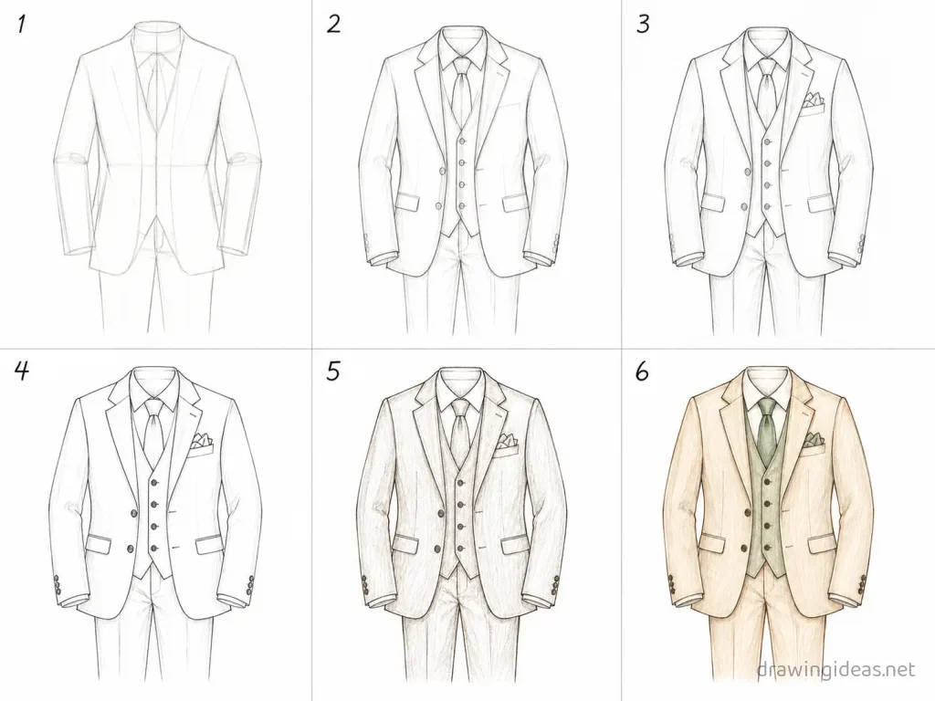 How to draw a suit step by step — 6-step suit drawing tutorial grid