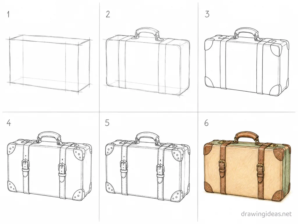 How to draw a suitcase step by step — 6-step suitcase drawing tutorial grid