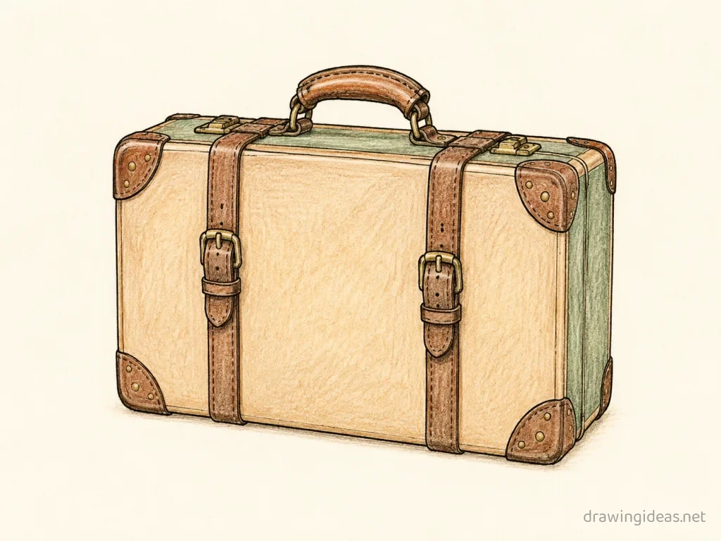Suitcase drawing — hand-drawn suitcase illustration with ink lines and soft colors