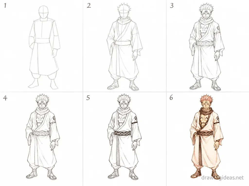 How to draw Sukuna step by step — 6-step Sukuna drawing tutorial grid