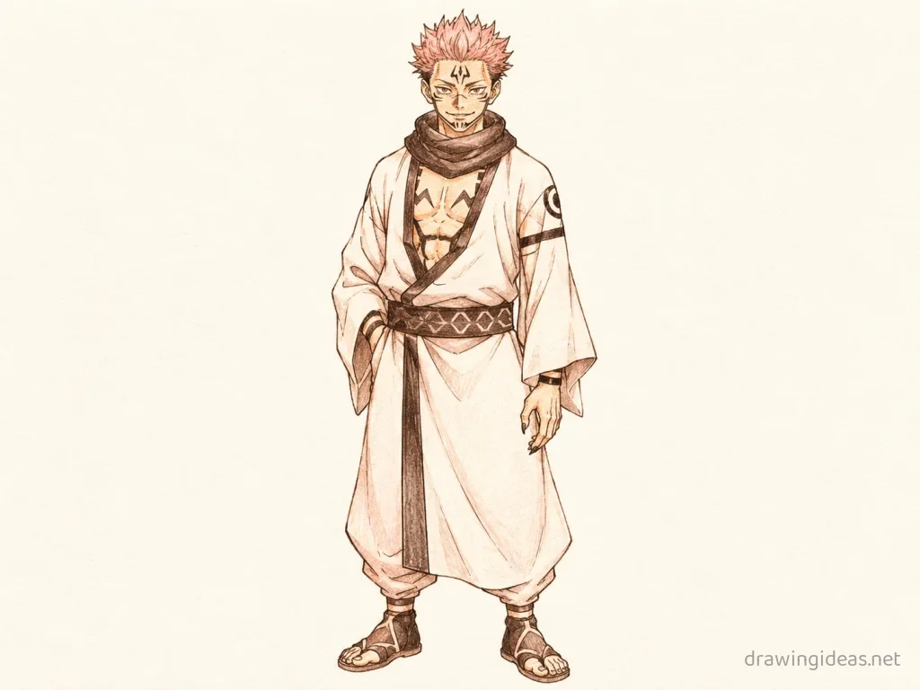 Sukuna drawing — hand-drawn Sukuna illustration with ink lines and soft colors
