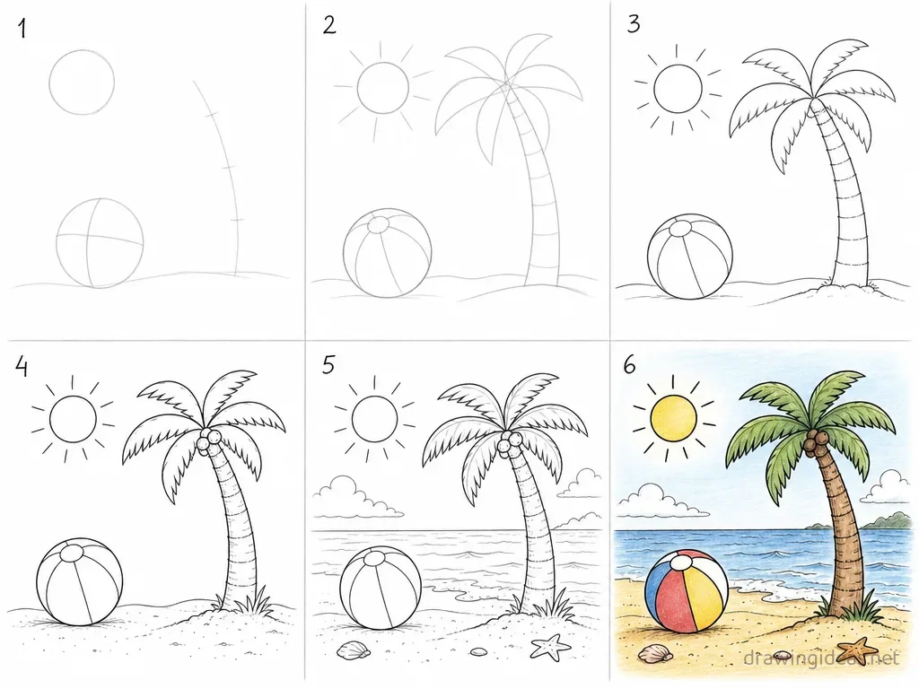 How to draw summer step by step — 6-step summer drawing tutorial grid