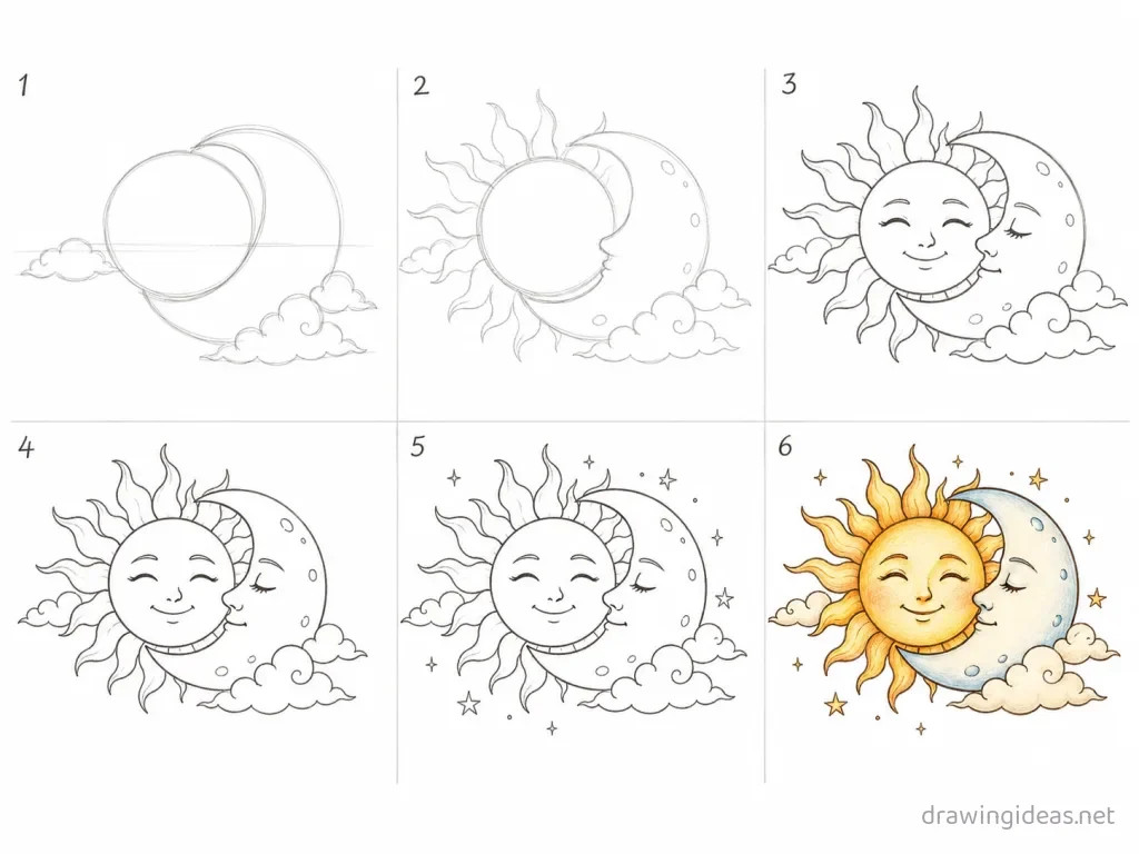 How to draw a sun and moon step by step — 6-step sun and moon drawing tutorial grid