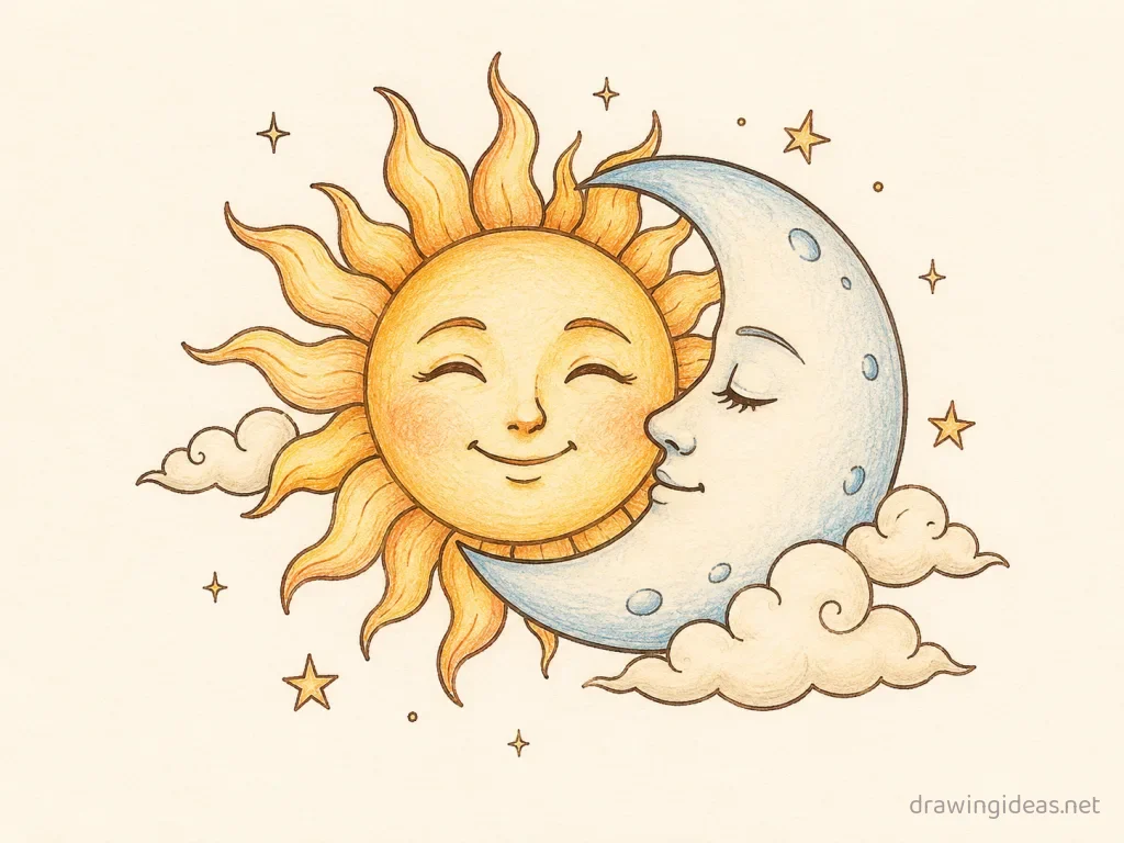 Sun and Moon drawing — hand-drawn sun and moon illustration with ink lines and soft colors
