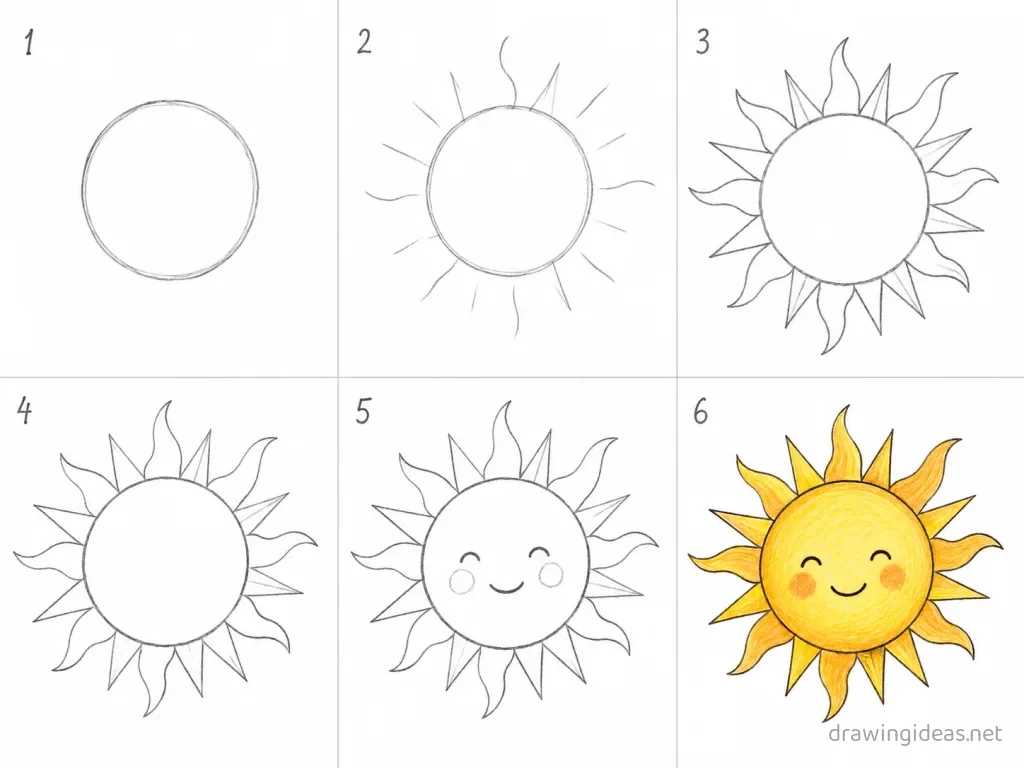 How to draw a sun step by step — 6-step sun drawing tutorial grid