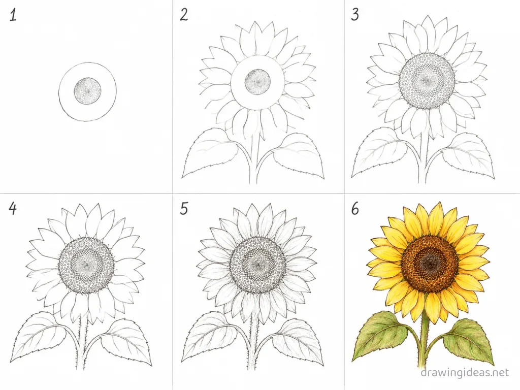 How to draw a sunflower step by step — 6-step sunflower drawing tutorial grid