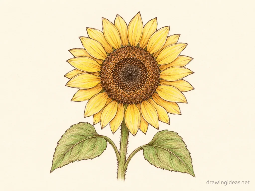 Sunflower drawing — hand-drawn sunflower illustration with ink lines and soft colors