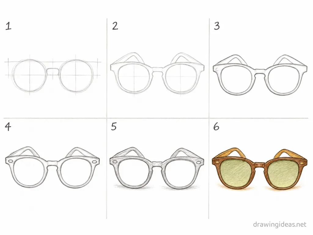 How to draw sunglasses step by step — 6-step sunglasses drawing tutorial grid