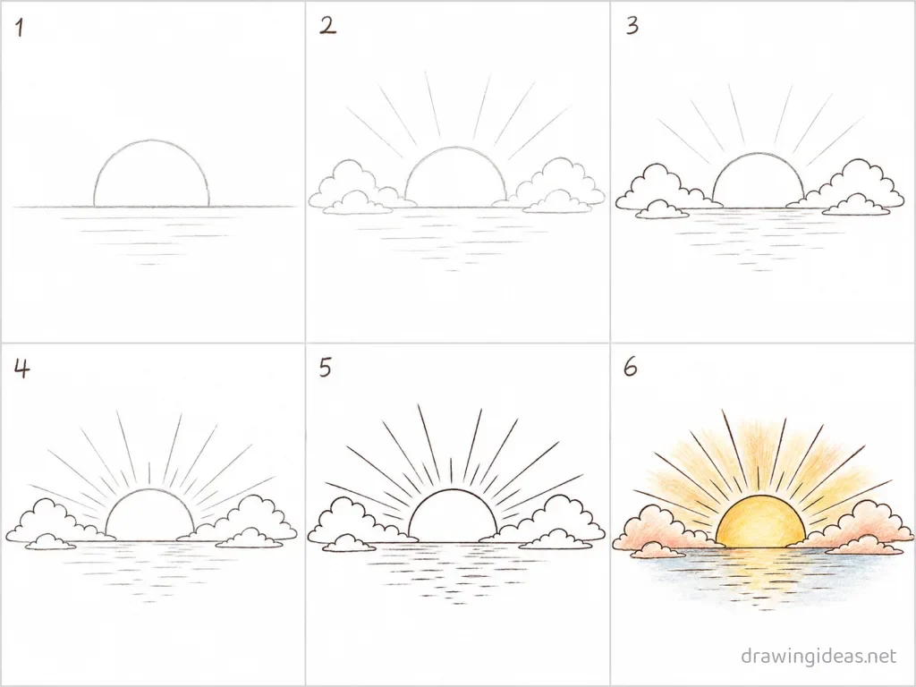 How to draw a sunrise step by step — 6-step sunrise drawing tutorial grid