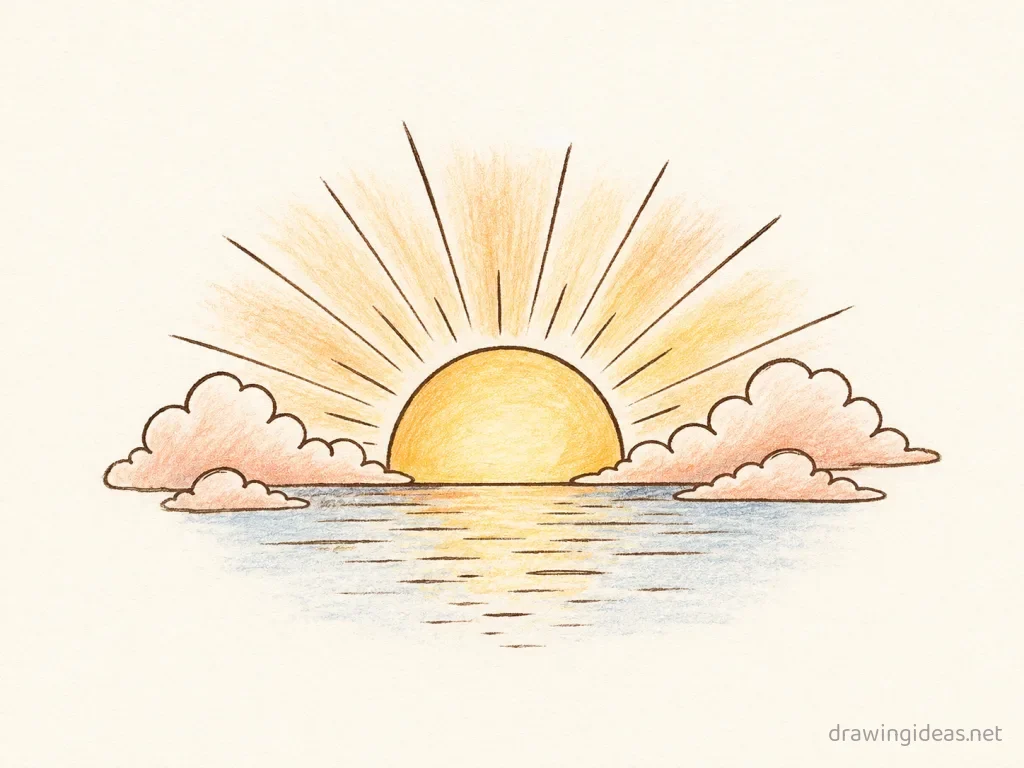 Sunrise drawing — hand-drawn sunrise illustration with ink lines and soft colors