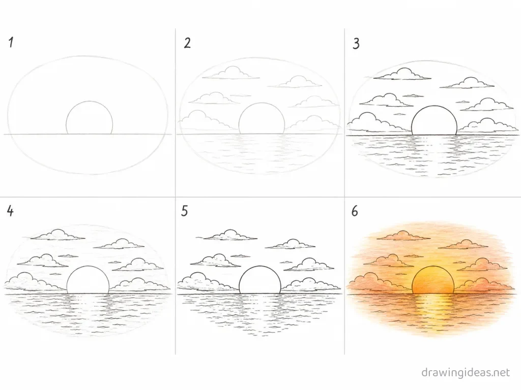 How to draw a sunset step by step — 6-step sunset drawing tutorial grid
