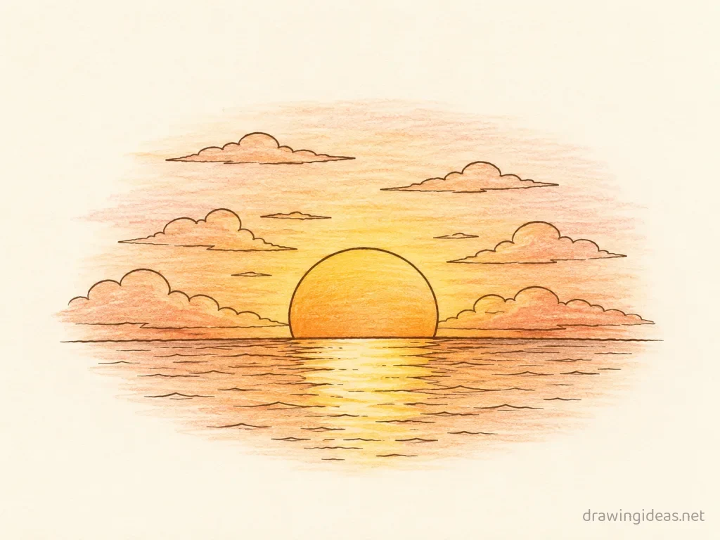 Sunset drawing — hand-drawn sunset illustration with ink lines and soft colors