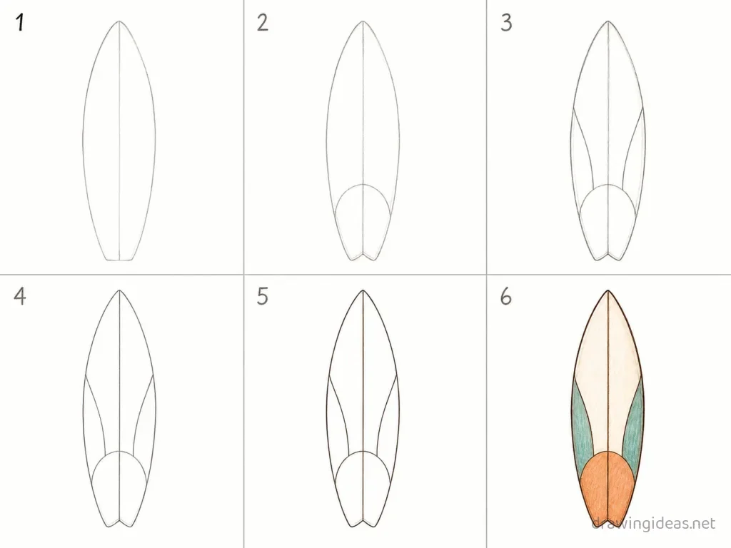 How to draw a surfboard step by step — 6-step surfboard drawing tutorial grid