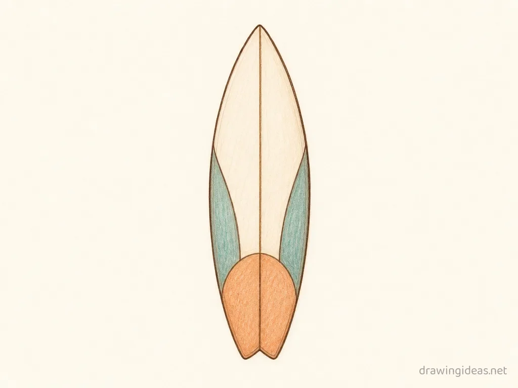 Surfboard drawing ā hand-drawn surfboard illustration with ink lines and soft colors