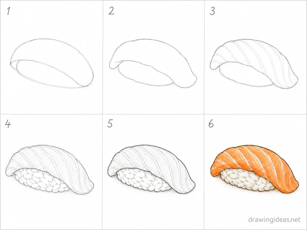 How to draw sushi step by step — 6-step sushi drawing tutorial grid