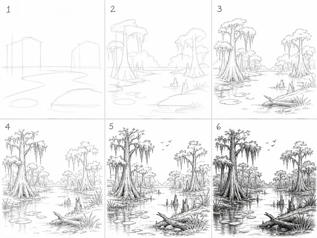 How to draw a swamp step by step — 6-step swamp drawing tutorial grid