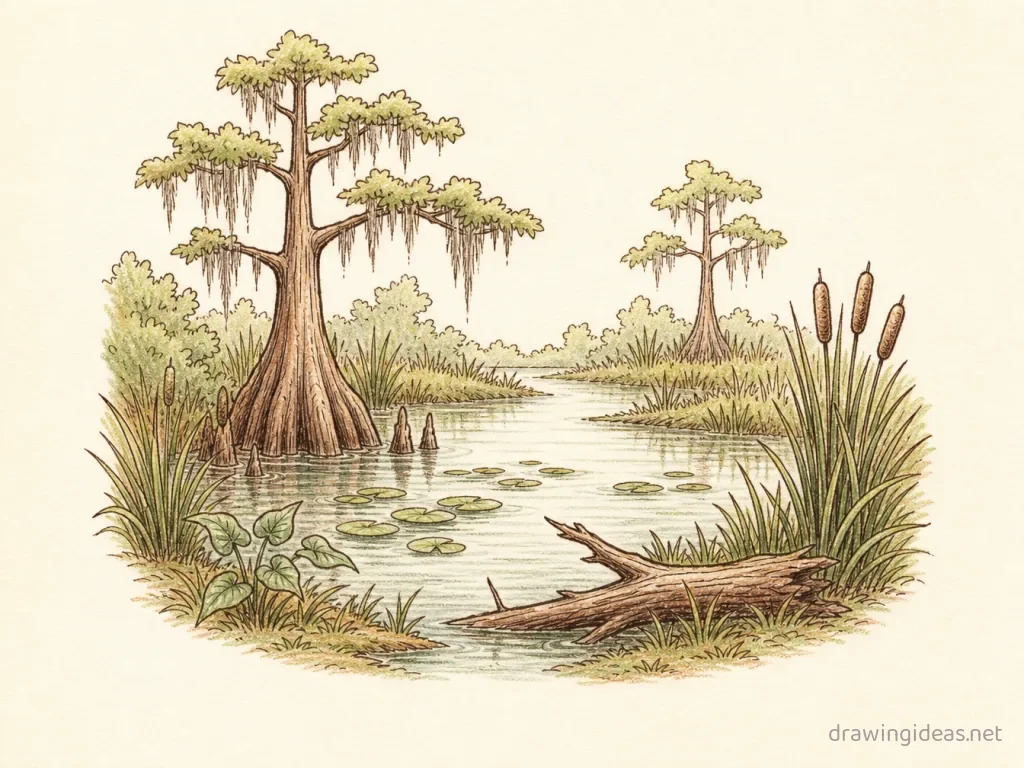 Swamp drawing — hand-drawn swamp illustration with ink lines and soft colors