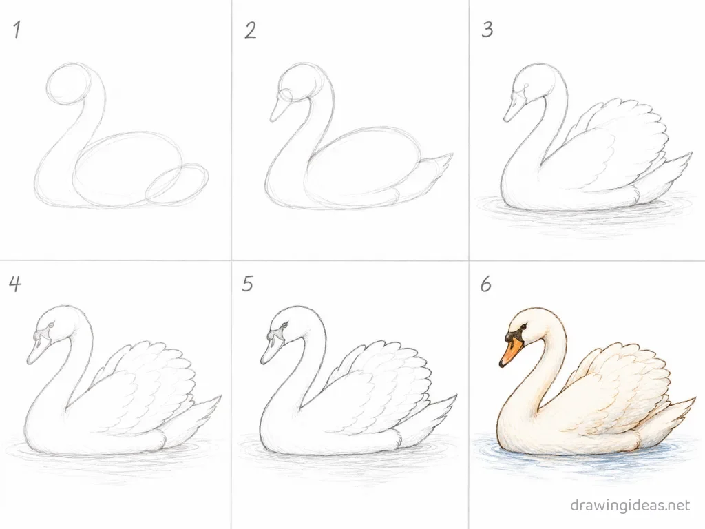 How to draw a swan step by step — 6-step swan drawing tutorial grid