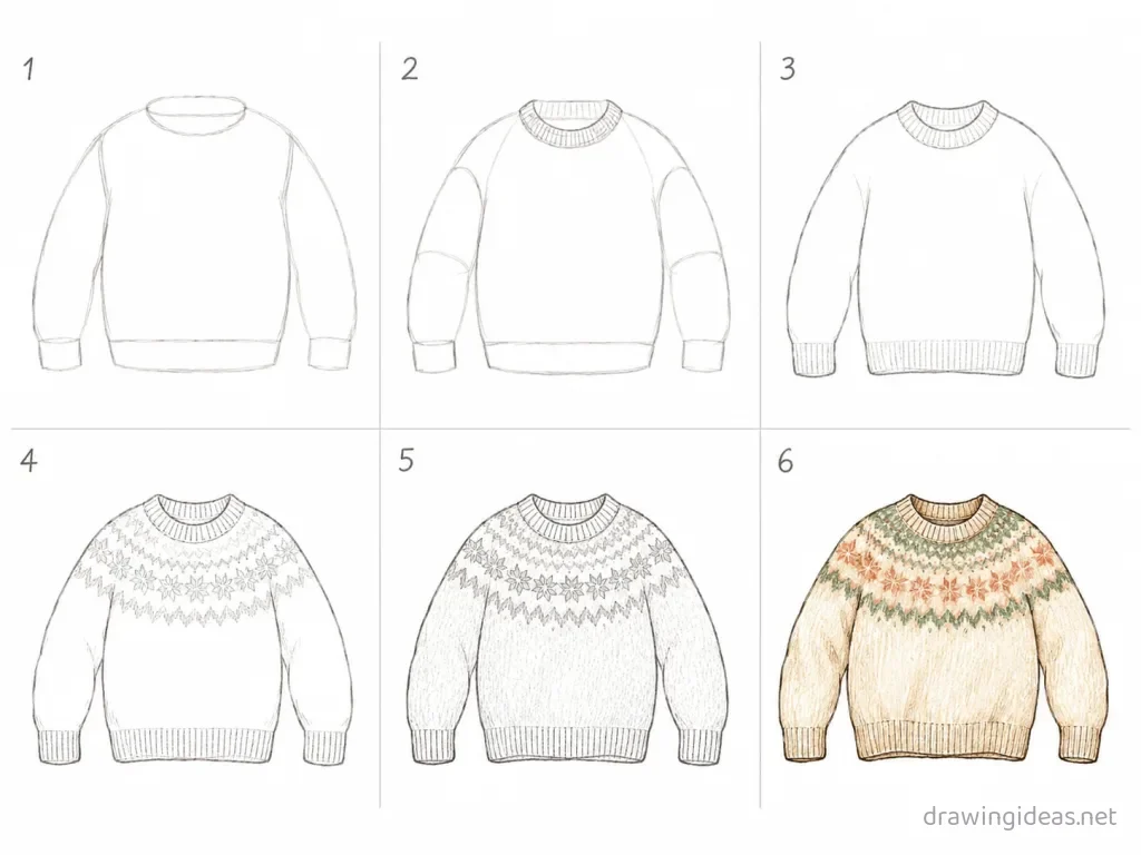 How to draw a sweater step by step — 6-step sweater drawing tutorial grid