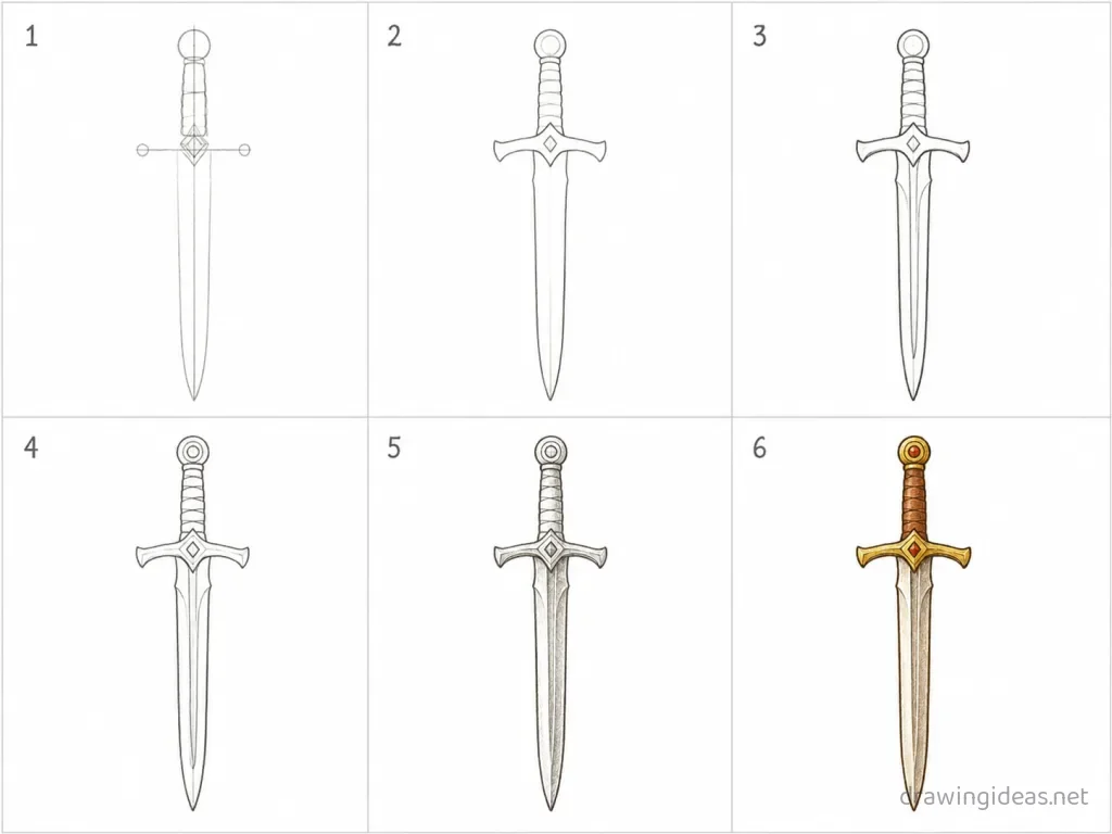 How to draw a sword step by step — 6-step sword drawing tutorial grid
