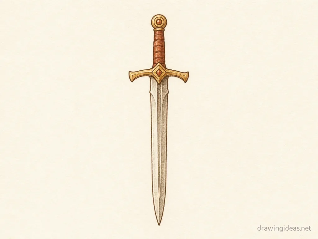 Sword drawing — hand-drawn sword illustration with ink lines and soft colors