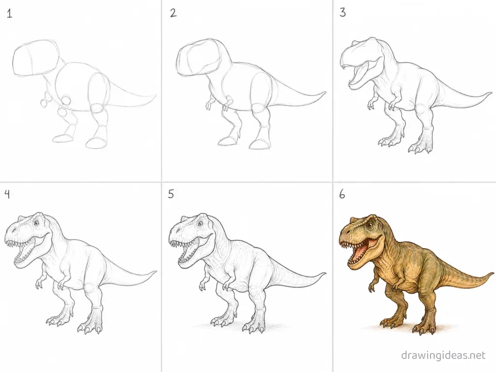 How to draw a t rex step by step — 6-step t rex drawing tutorial grid