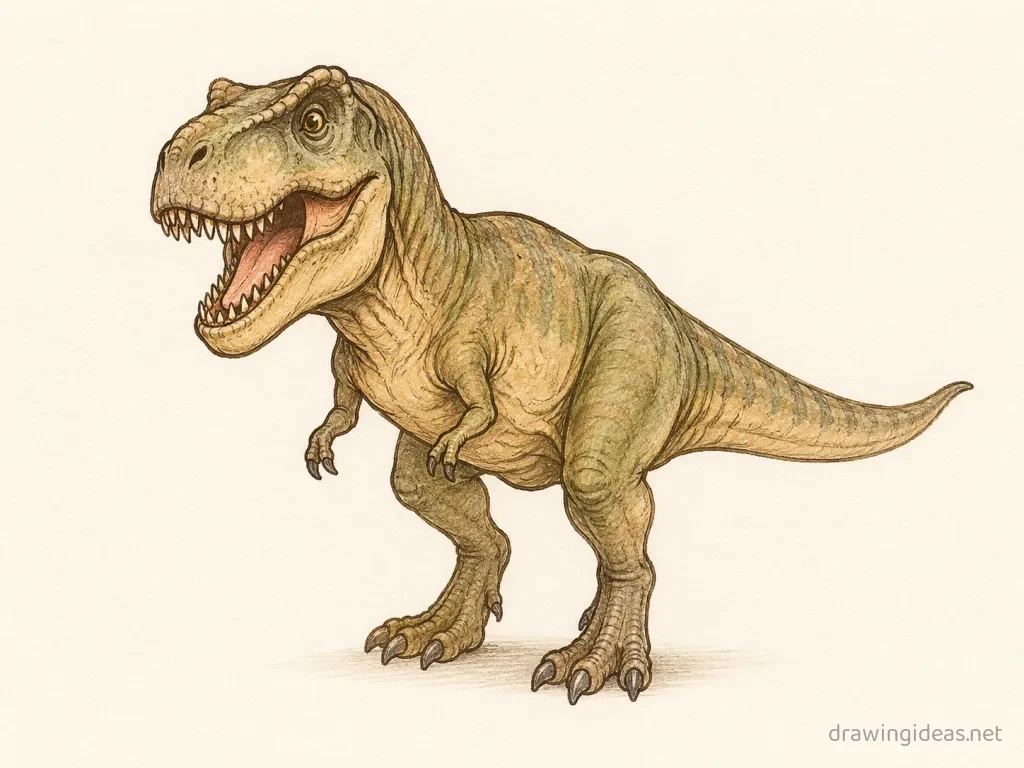 T Rex drawing — hand-drawn t rex illustration with ink lines and soft colors
