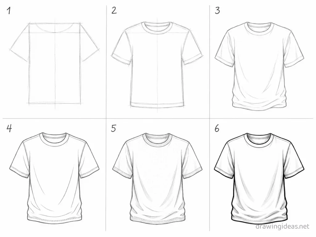 How to draw a t shirt step by step — 6-step t shirt drawing tutorial grid