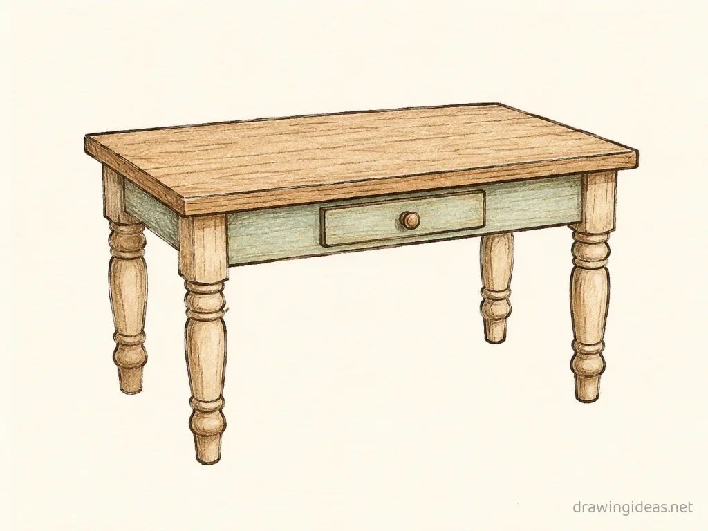 Table drawing — hand-drawn table illustration with ink lines and soft colors