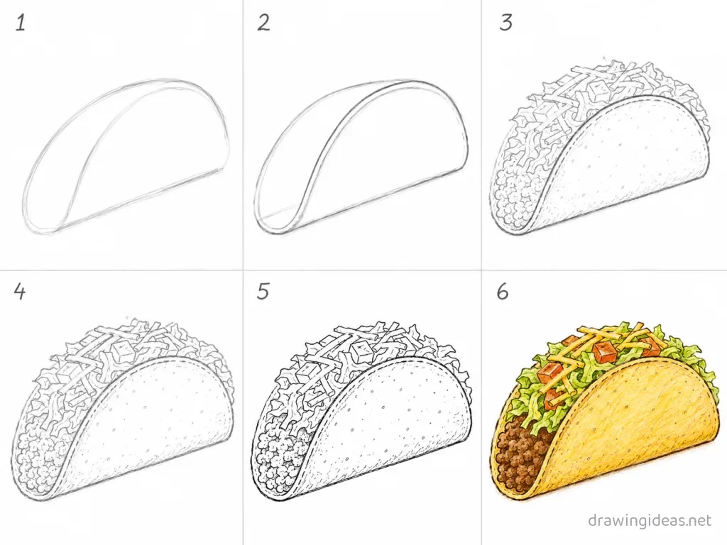 How to draw a taco step by step — 6-step taco drawing tutorial grid