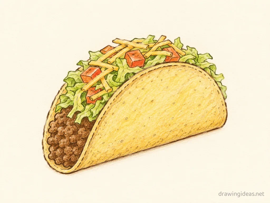 Taco drawing — hand-drawn taco illustration with ink lines and soft colors