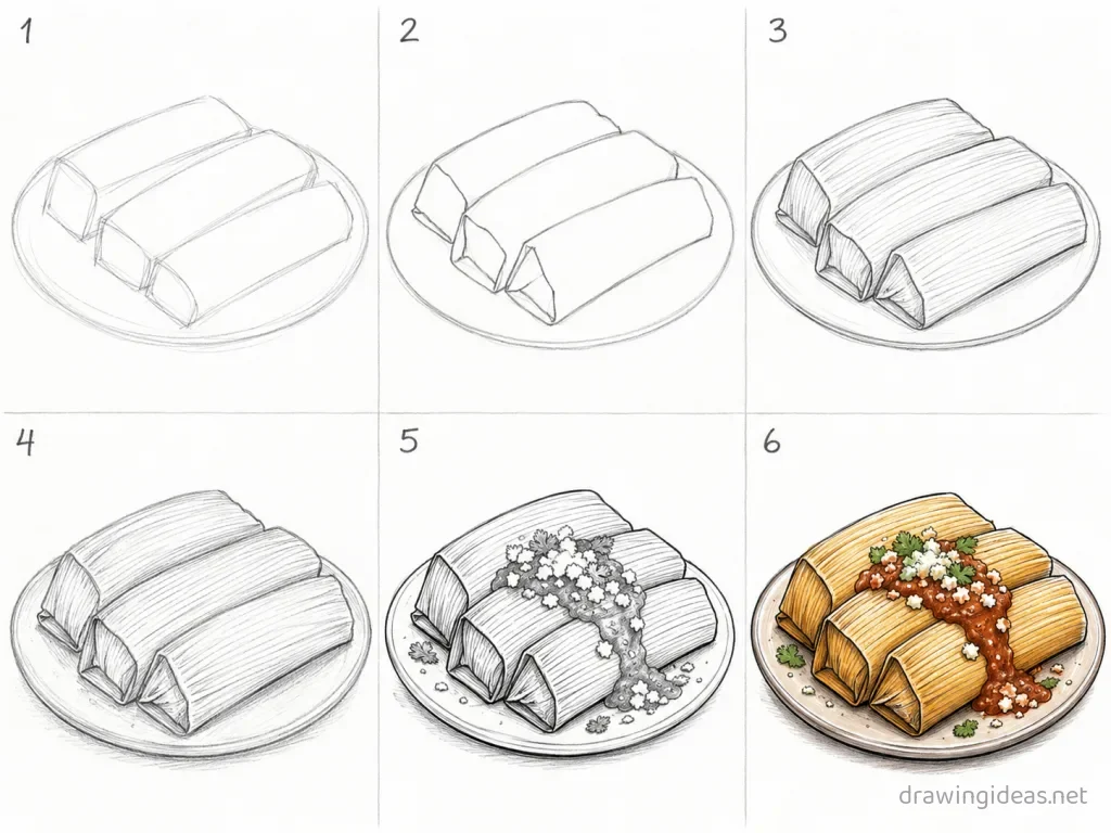 How to draw tamales step by step — 6-step tamales drawing tutorial grid