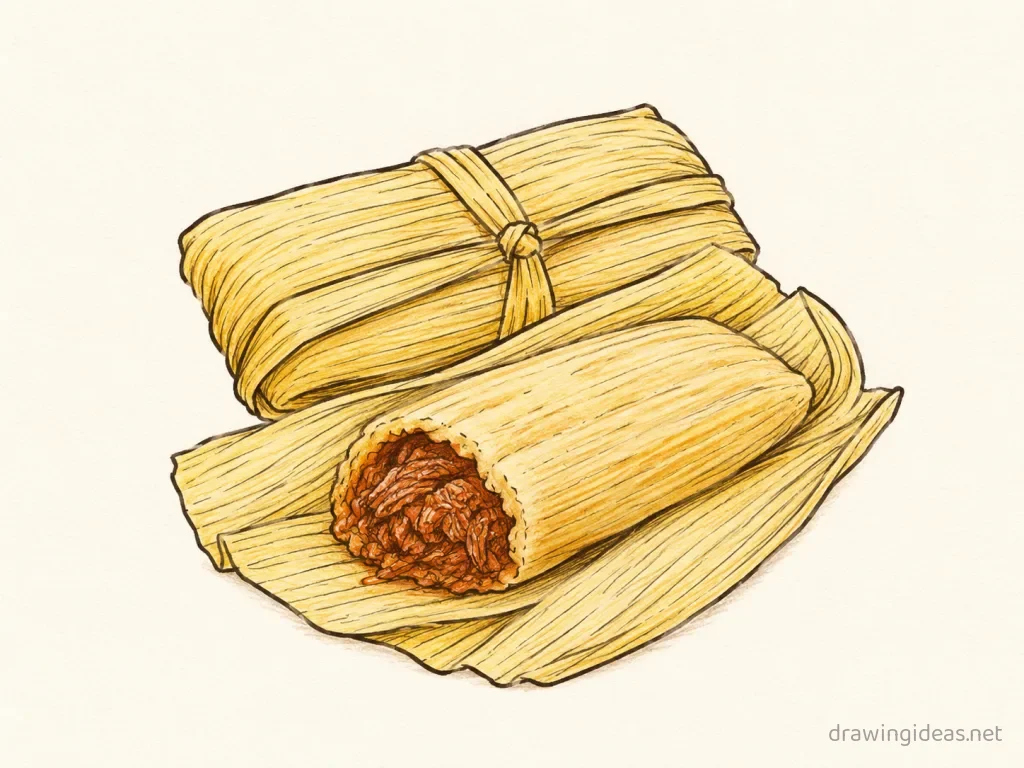 Tamales drawing — hand-drawn tamales illustration with ink lines and soft colors