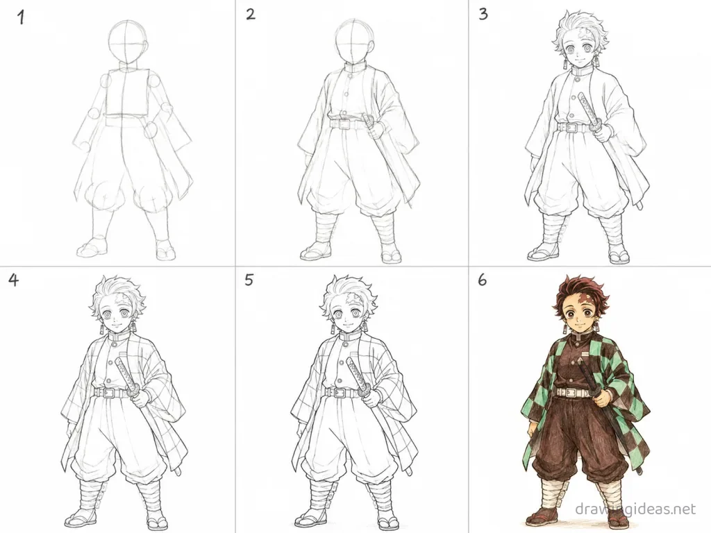 How to draw Tanjiro step by step — 6-step Tanjiro drawing tutorial grid