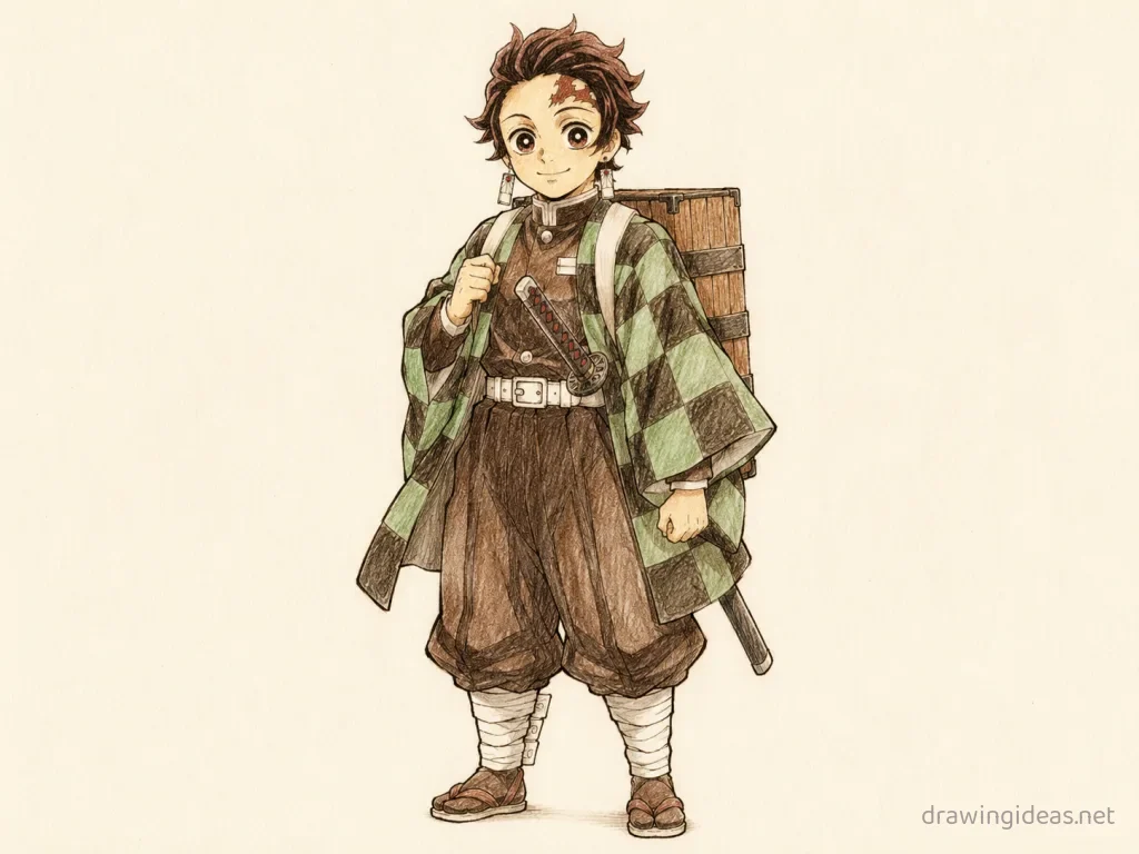 Tanjiro drawing — hand-drawn Tanjiro illustration with ink lines and soft colors