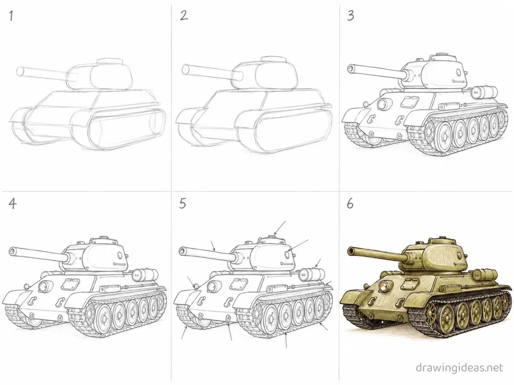 How to draw a tank step by step — 6-step tank drawing tutorial grid