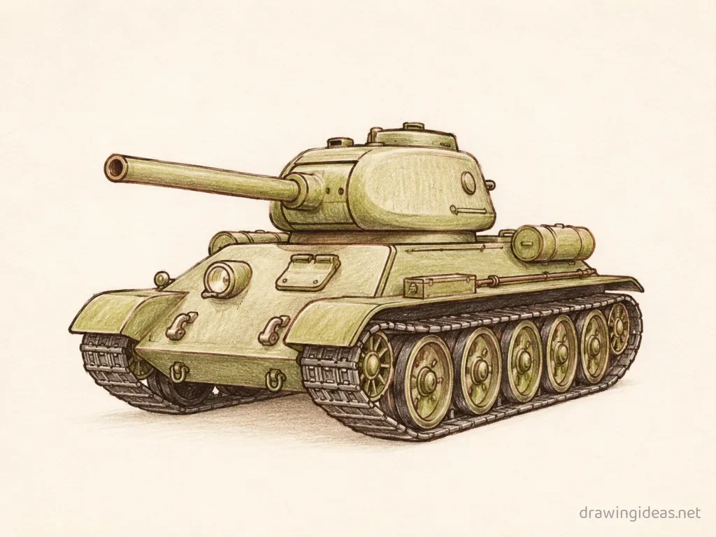 Tank drawing — hand-drawn tank illustration with ink lines and soft colors