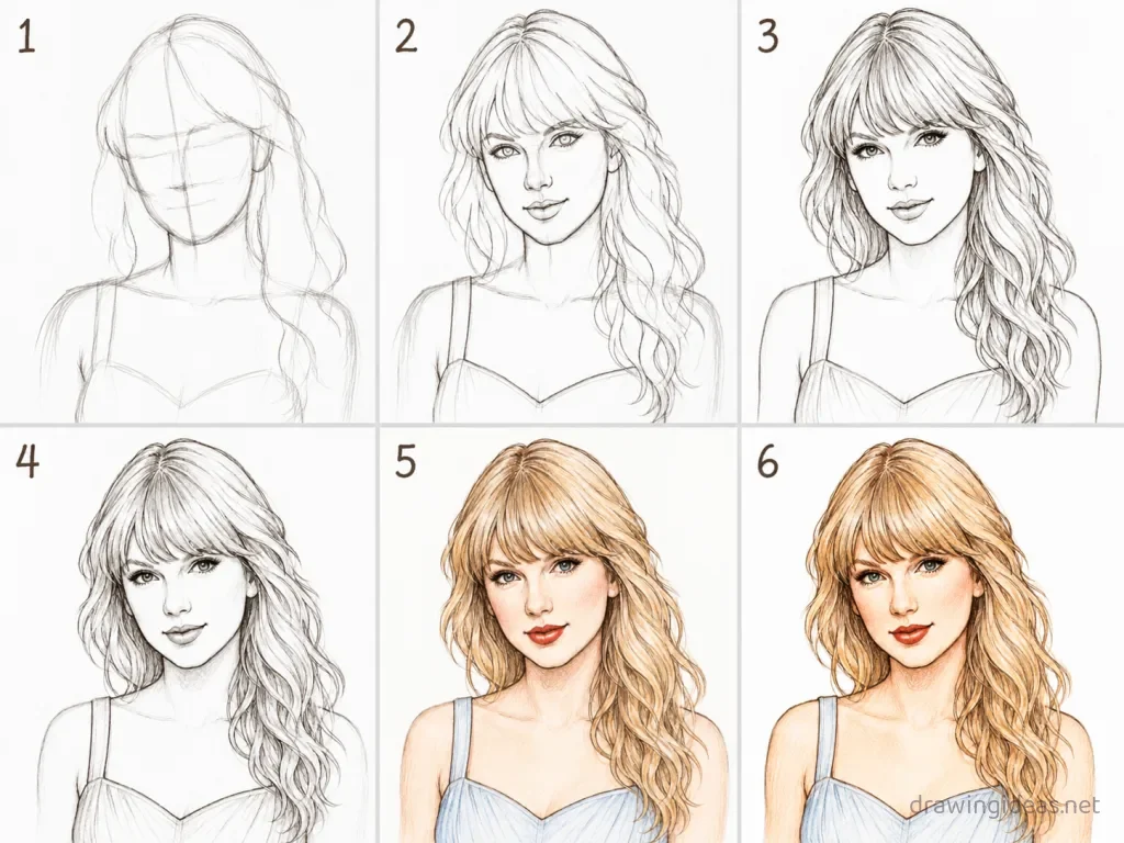 How to draw Taylor Swift step by step — 6-step Taylor Swift drawing tutorial grid