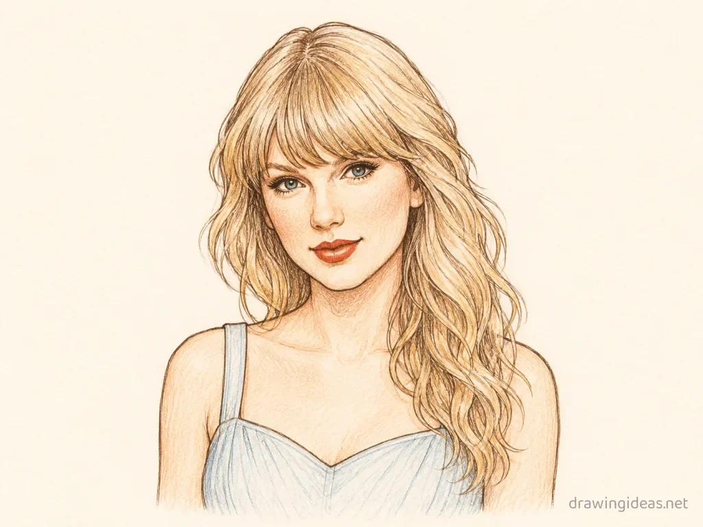 Taylor Swift drawing — hand-drawn Taylor Swift illustration with ink lines and soft colors