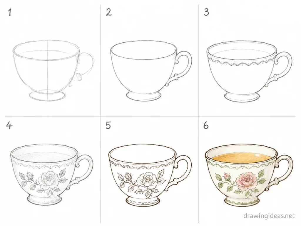 How to draw a tea cup step by step — 6-step tea cup drawing tutorial grid